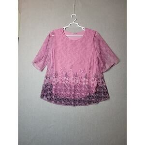 Sese Code Purple Floral 3/4 Sleeve Mesh Blouse Women's Plus 2XL Stretch Lined